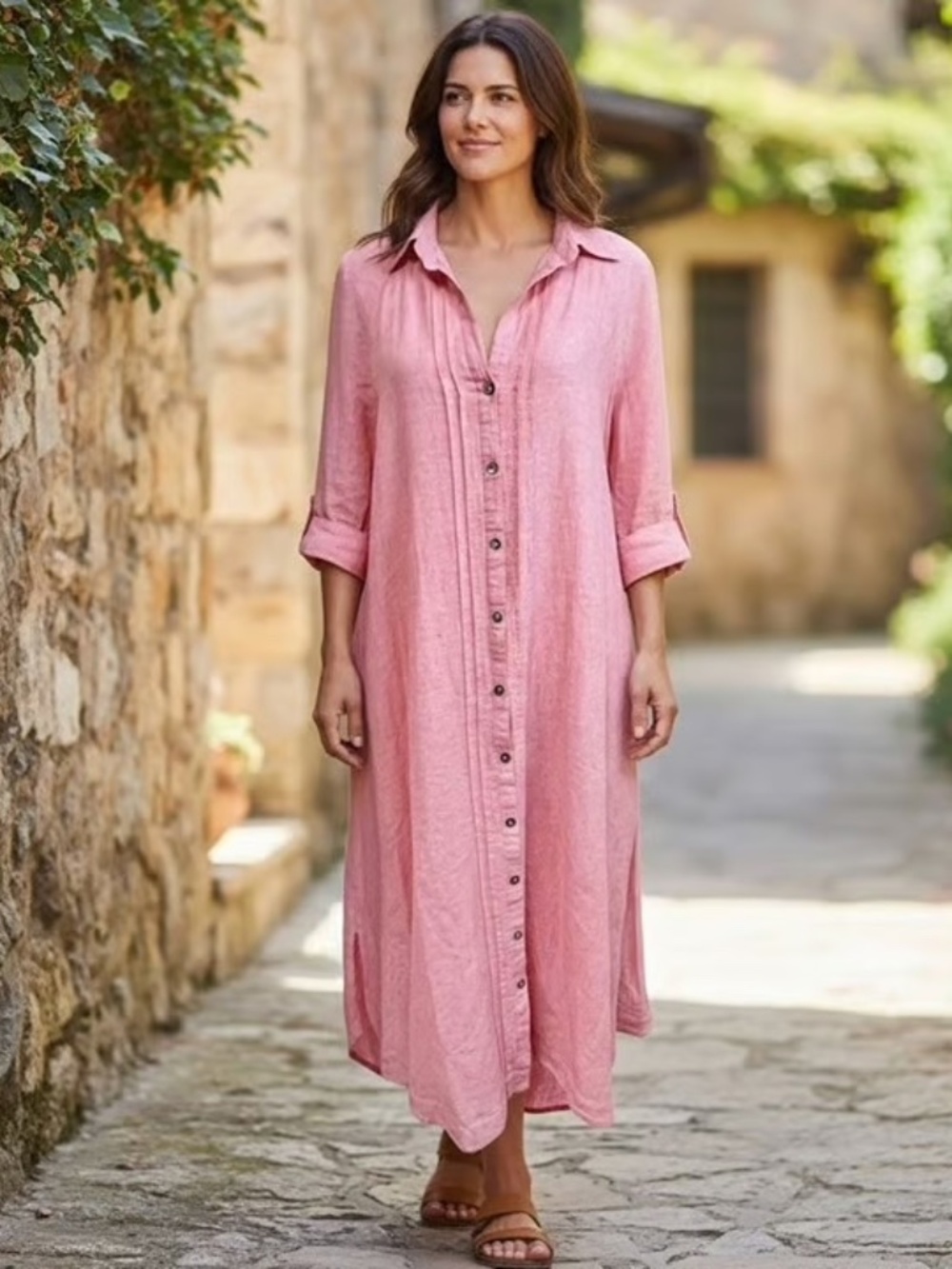 Calypso St Barth Linen Blend Coral Pink Button Front Shirt Dress